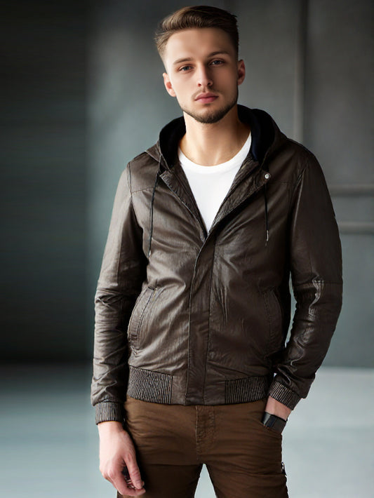 Blouson aviateur en cuir à capuche pour homme