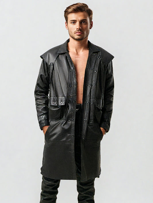 Manteau en cuir longueur genou pour homme