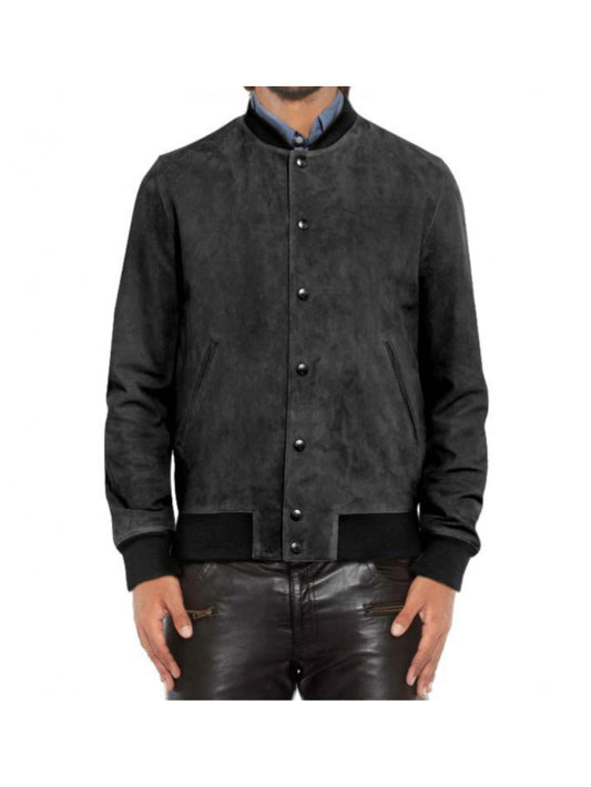 Knitted Trim Suede Leather Bomber Jacket for Men - Leatherkin