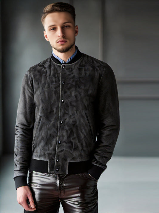 Blouson aviateur en cuir suédé avec bordure tricotée pour homme