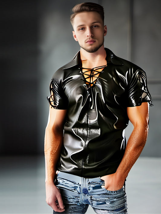 Chemise en cuir véritable à lacets pour homme