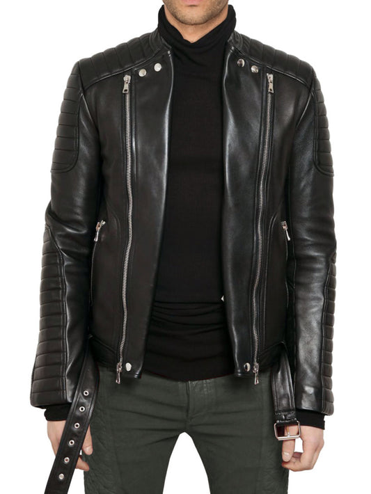 Lapel Zippered Leather Bomber Jacket for Men - Leatherkin
