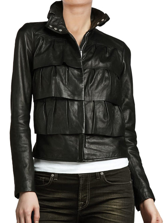 Layered Elegance Leather Bomber for Women - Leatherkin