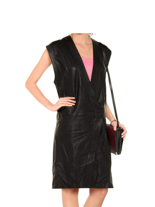 Long Noir Deep-V Leather Vest - Leatherkin