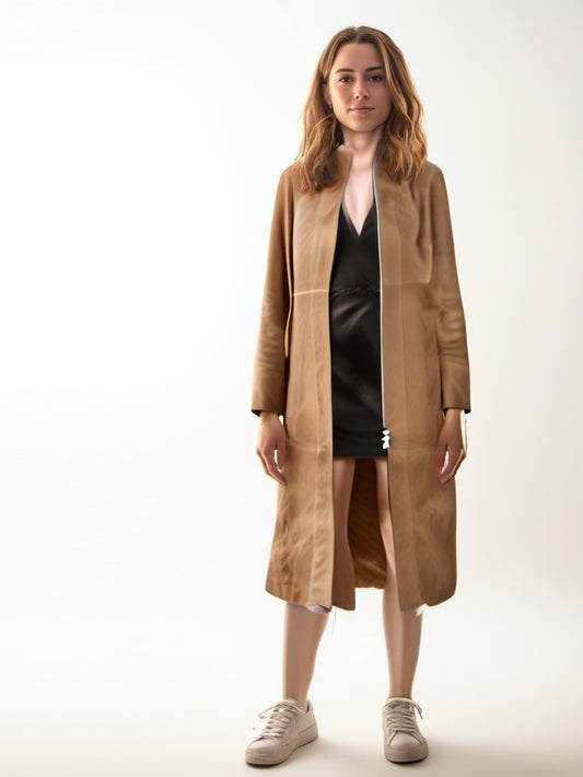Manteau long en cuir suédé avec fermeture éclair sur le devant pour femme