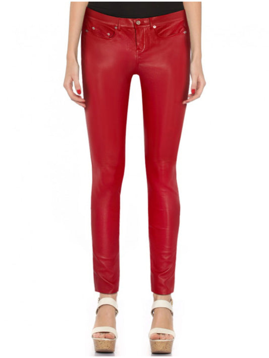 Pantalon en cuir rouge taille basse