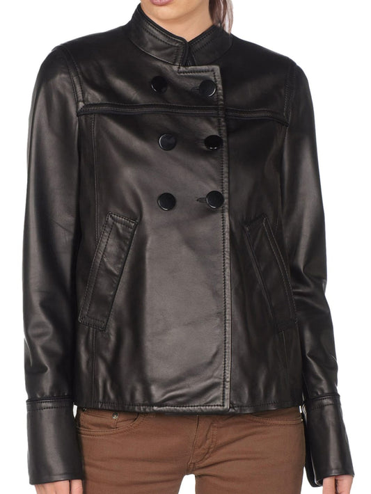 Mandarin Collar Corporate Leather Blazer for Women - Leatherkin