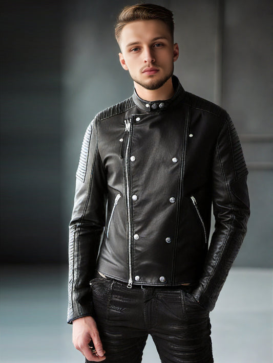 Veste de moto en cuir véritable à col mandarin pour homme
