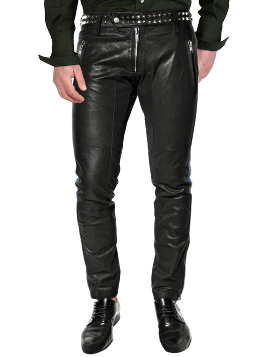 Pantalon en cuir véritable à clous métalliques pour homme