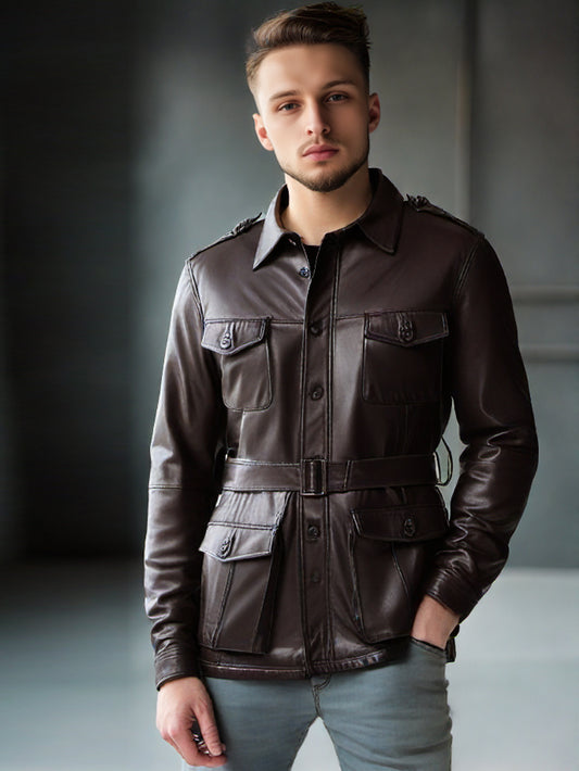 Trench militaire en cuir avec ceinture pour homme