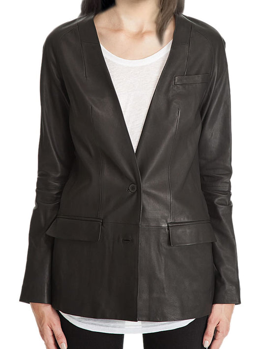Minimalist Collarless Leather Blazer for Women - Leatherkin