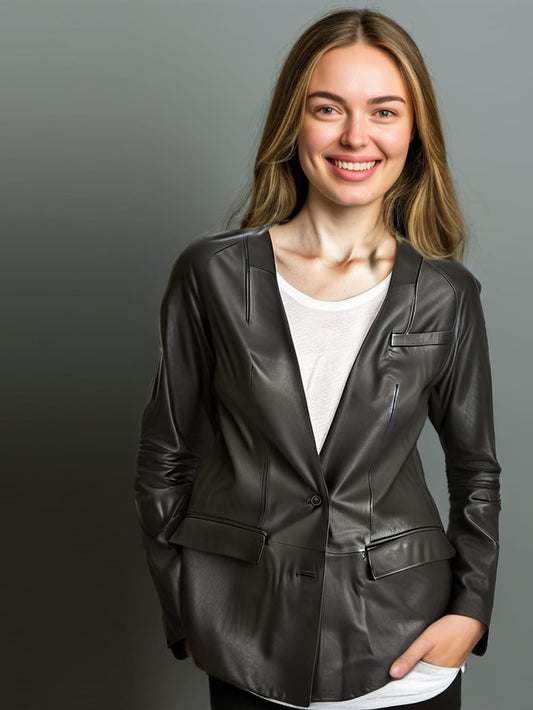 Minimalist Collarless Leather Blazer for Women - Leatherkin