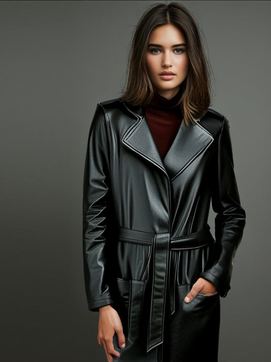 Manteau en cuir ceinturé tendance pour femme