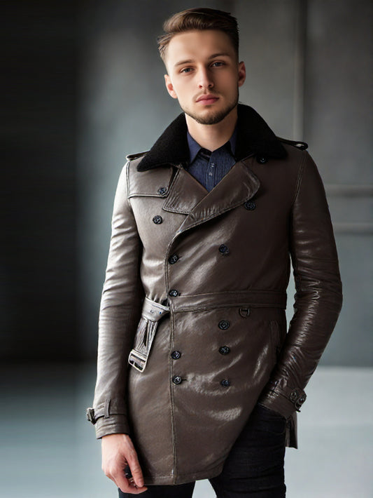 Trench-coat en cuir à ceinture tendance pour homme
