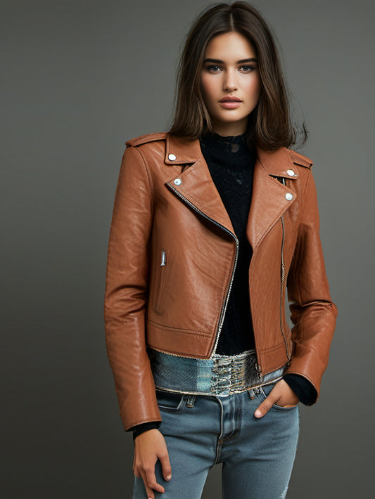 Veste moto en cuir à fermeture éclair croisée tendance