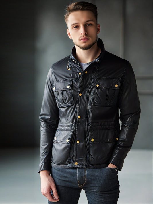 Veste de moto en cuir véritable avec fermeture à rabat à pression pour homme