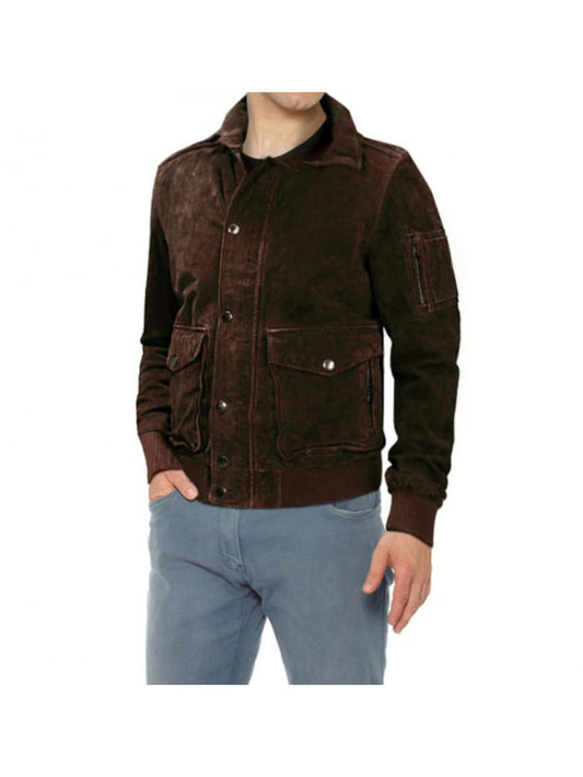 Moto Suede Leather Bomber with Zip Pocket for Men - Leatherkin