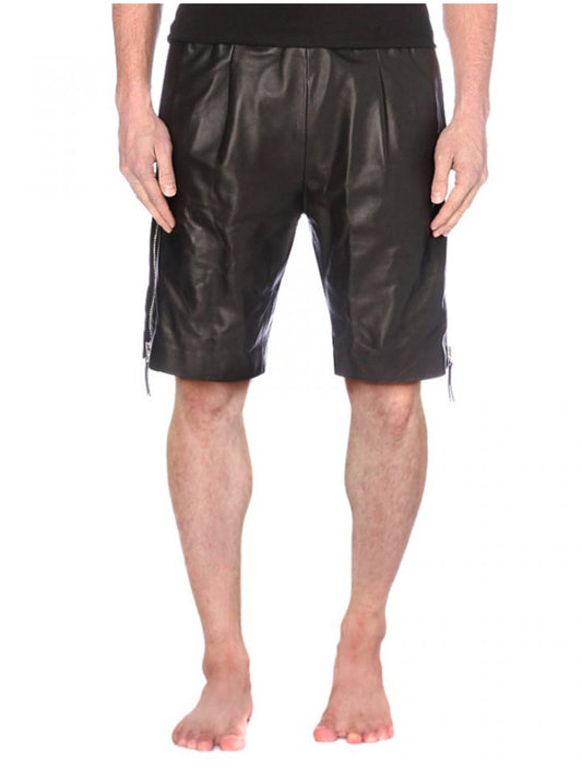 Short en cuir noir à fermeture éclair latérale pour homme