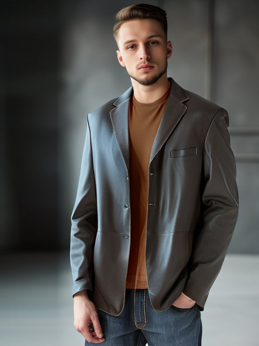 Blazer en cuir à col cranté pour homme
