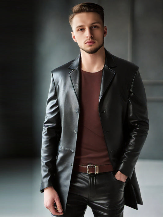 Manteau en cuir à revers crantés et boutons longs pour homme