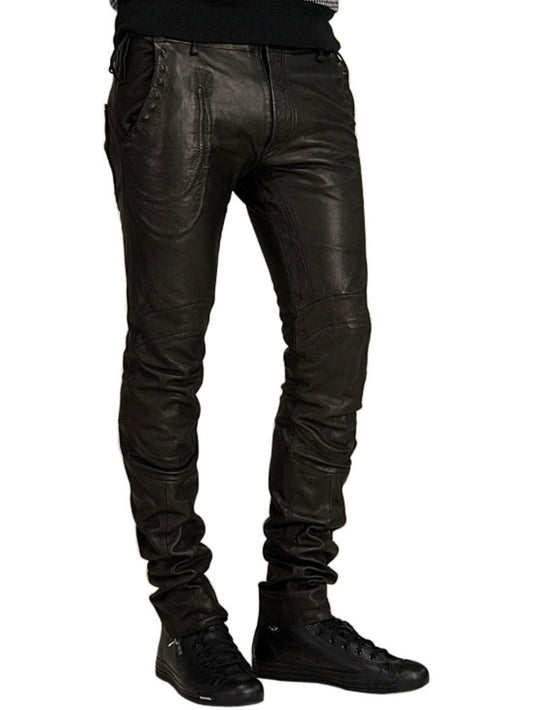 Pantalon en cuir véritable à panneaux pour homme
