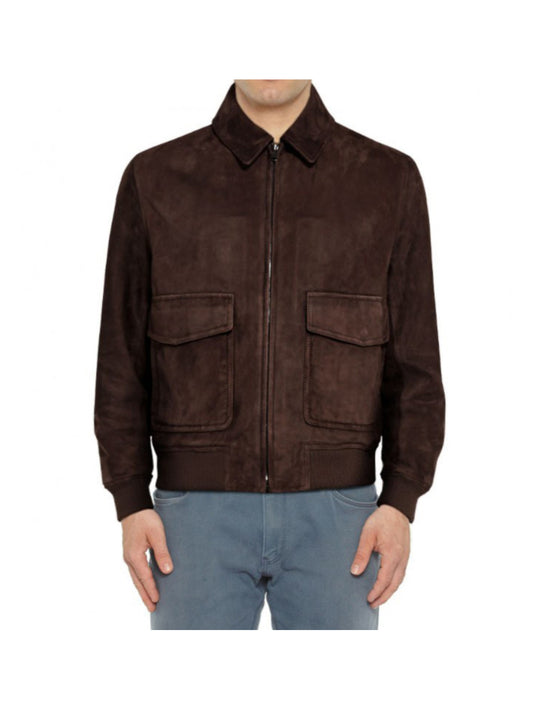 Patch Pocket Suede Brown Leather Bomber for Men - Leatherkin