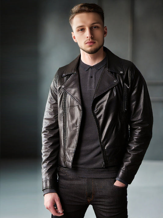 Veste de motard en cuir véritable à boutons-pression pour homme