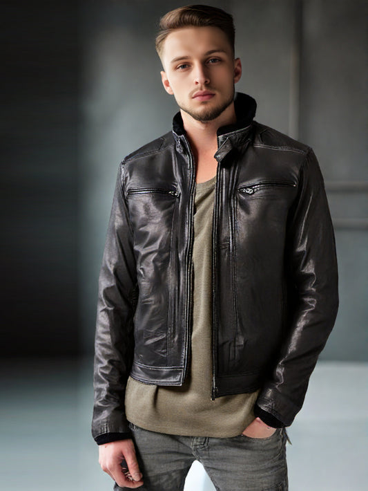 Veste en cuir urbaine à col poussoir