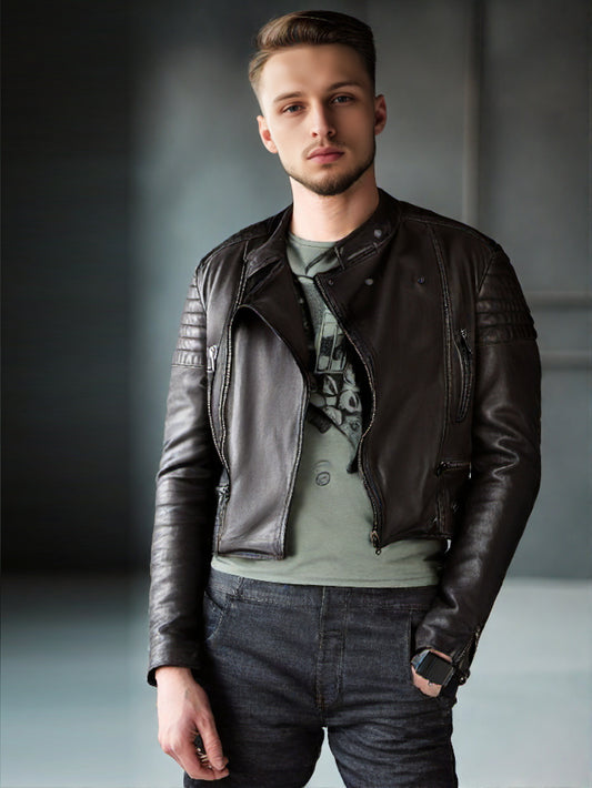 Veste zippée asymétrique en cuir matelassé