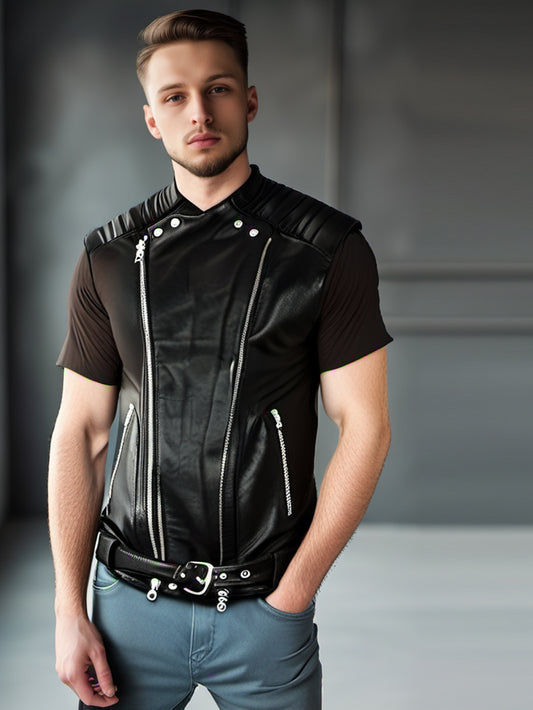 Gilet de moto matelassé en cuir véritable noir pour homme