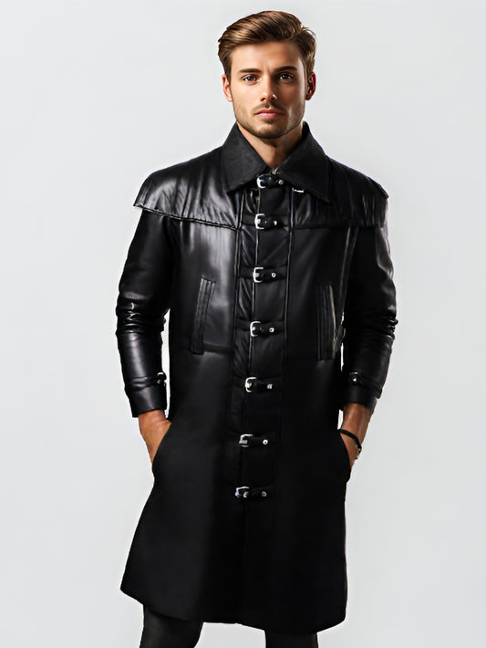 Trench-coat en cuir matelassé à rabat pour homme