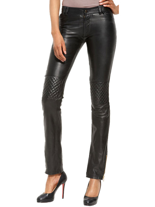 Pantalon en cuir glamour à empiècements matelassés