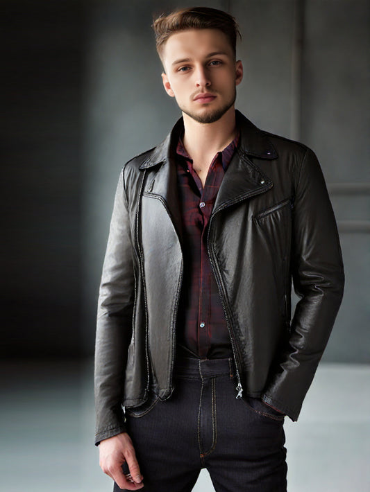Veste de motard en cuir véritable à ourlet irrégulier pour homme
