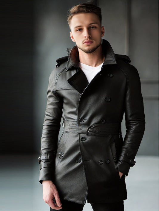 Trench-coat en cuir confortable à manches raglan pour homme