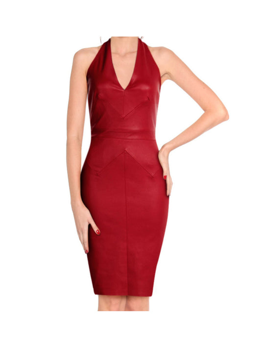 Rotes Neckholder-Lederkleid mit tiefem V-Ausschnitt