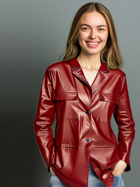 Manteau boutonné en cuir d'agneau rouge pour femme