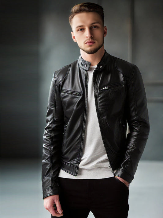 Veste en cuir véritable pour homme, coupe standard