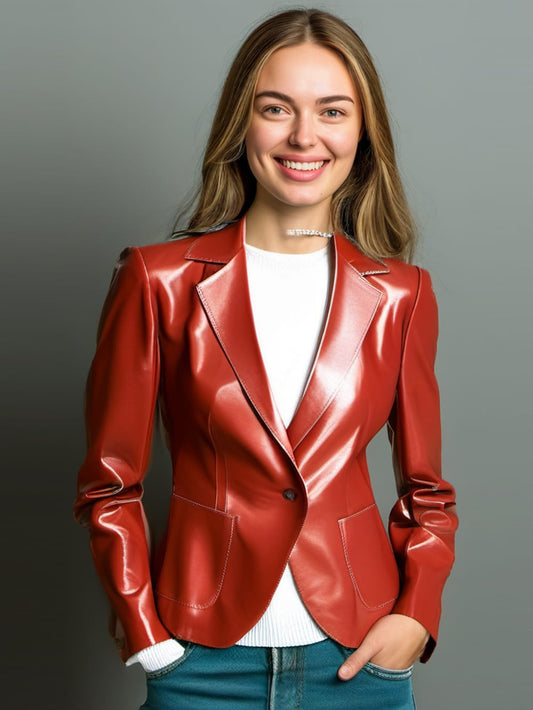 Blazer boutonné en cuir de style rétro pour femme
