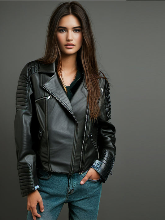 Veste de moto en cuir à ourlet côtelé