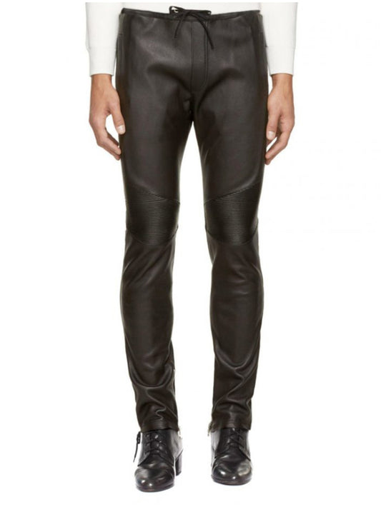 Pantalon en cuir véritable noir à empiècements côtelés pour homme