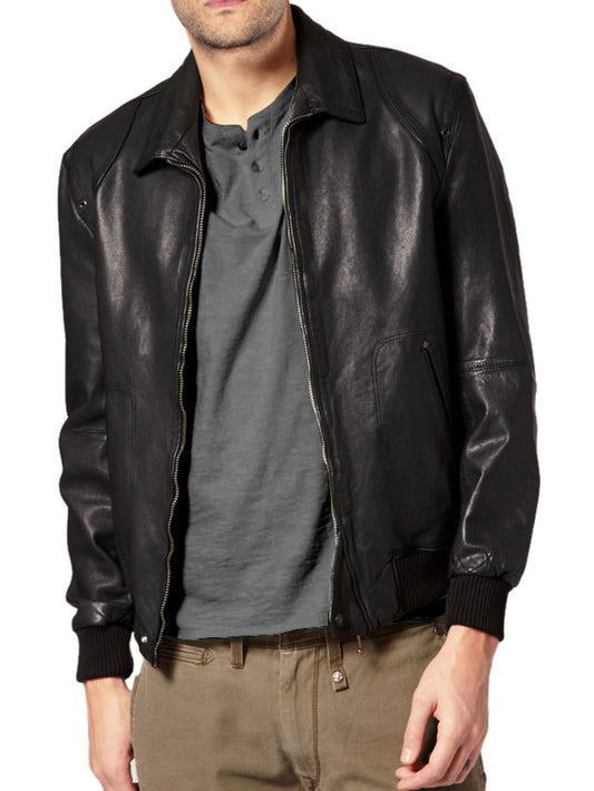 Ribbed Trim Classy Leather Bomber Jacket for Men - Leatherkin