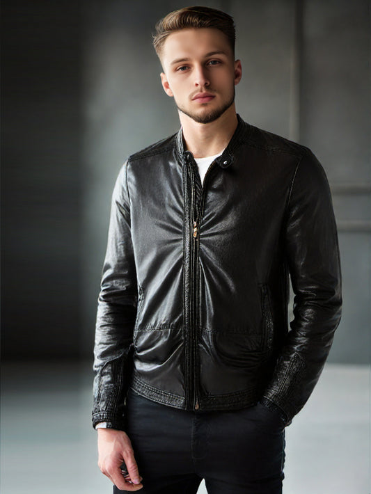 Moto-Jacke aus echtem Leder mit rundem Kragen für Herren