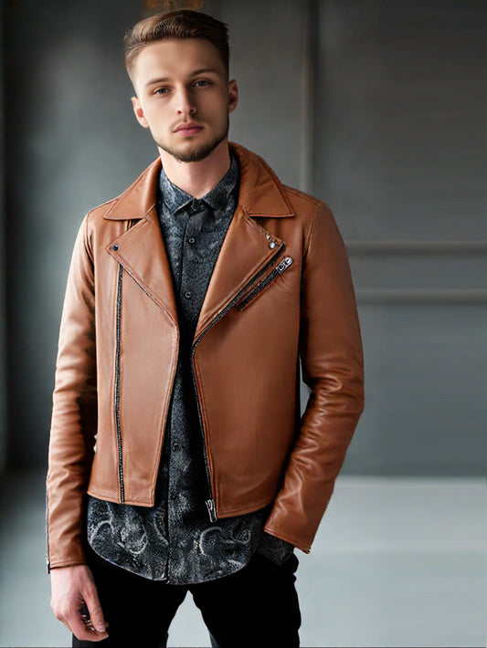 Veste de motard asymétrique en cuir véritable avec fermeture éclair pour homme