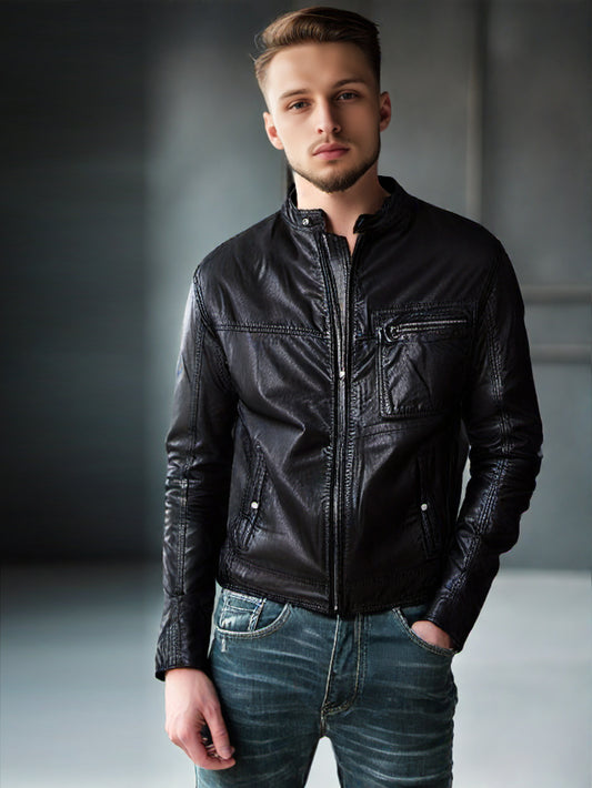 Veste de motard en cuir véritable de style robuste pour homme