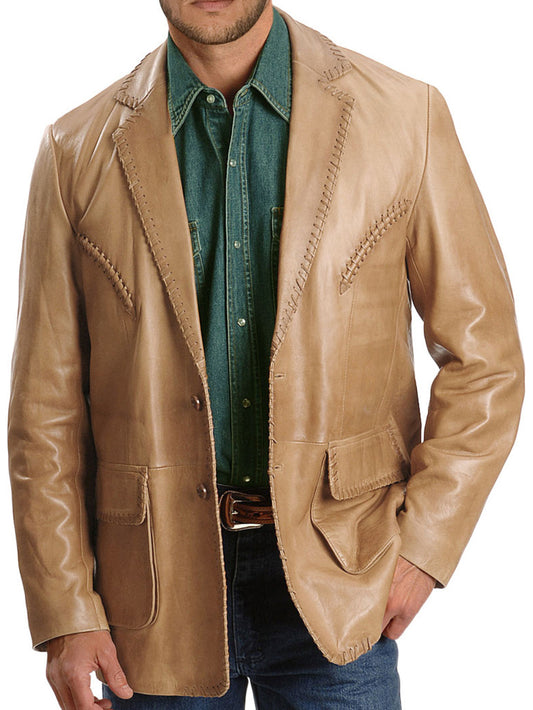 Rugged Whipstitch Hem Leather Blazer for Men - Leatherkin