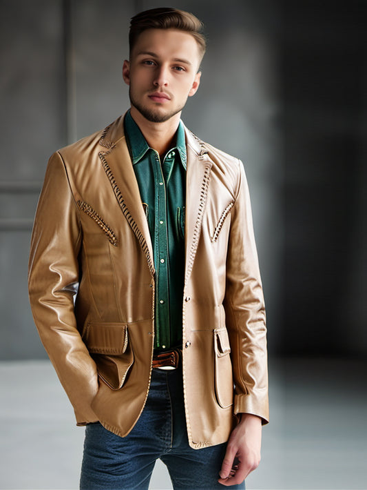 Blazer en cuir à ourlet surpiqué robuste pour homme