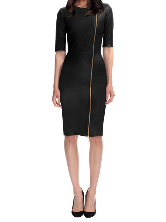 Kurzärmliges, schmales Lederkleid