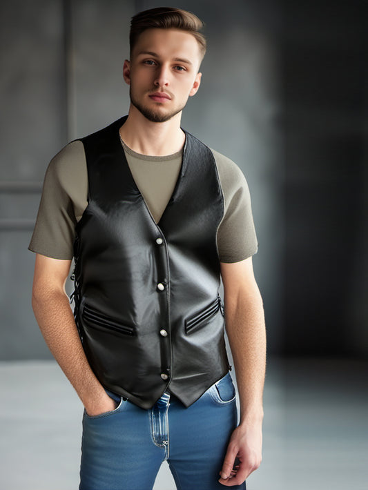 Gilet corset en cuir véritable pour homme avec nœud latéral