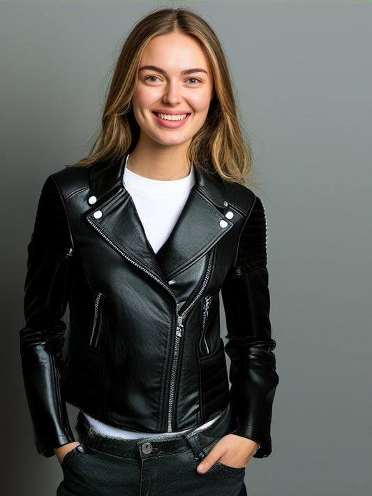 Veste moto en cuir noir avec fermeture éclair latérale