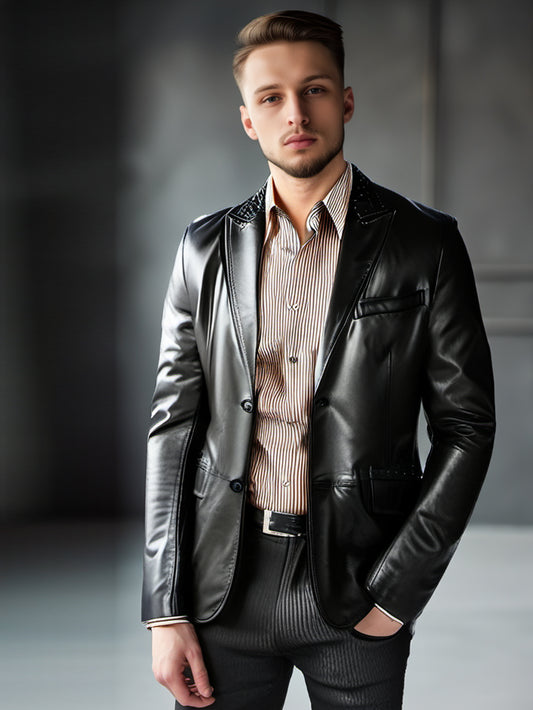Blazer en cuir clouté argenté pour homme